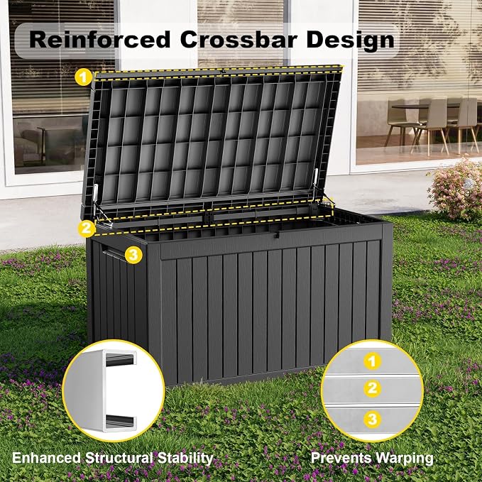 Vixzen 280 Gallon Large Outdoor Storage Box Waterproof, UV Resistant Resin Deck Box with Hydraulic Rod & Lockable Latch for Patio Furniture, Outside Storage Box for Garden Tools, Patio Cushions, Black