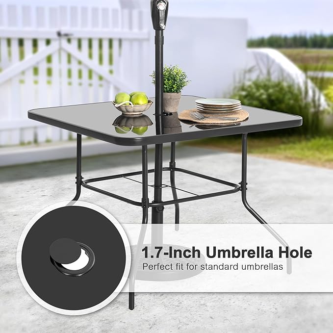 NUU GARDEN 5-Piece Patio Dining Set, Tempered Glass Table with Umbrella Hole and 4 Stackable Textilene Chairs with Faux Wood Armrests, Black and Khaki