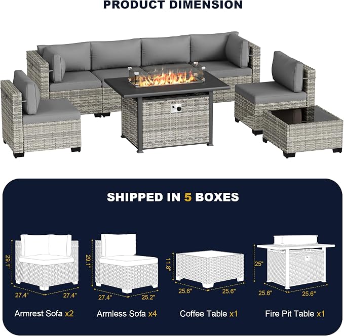 8-Piece Outdoor Patio Furniture Set with 55,000 BTU Fire Pit Table, PE Wicker Rattan Sectional Sofa Conversation Set - All-Weather Garden, Backyard Furniture, Grey