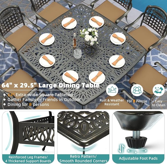 MEETWARM 9-Piece Outdoor Patio Dining Set for 8, All Weather Cast Aluminum Patio Funiture Table and Chairs Set- Large 64" Square Table and 2 Swivel Rocker Chairs, 6 Stationary for Garden, Khaki