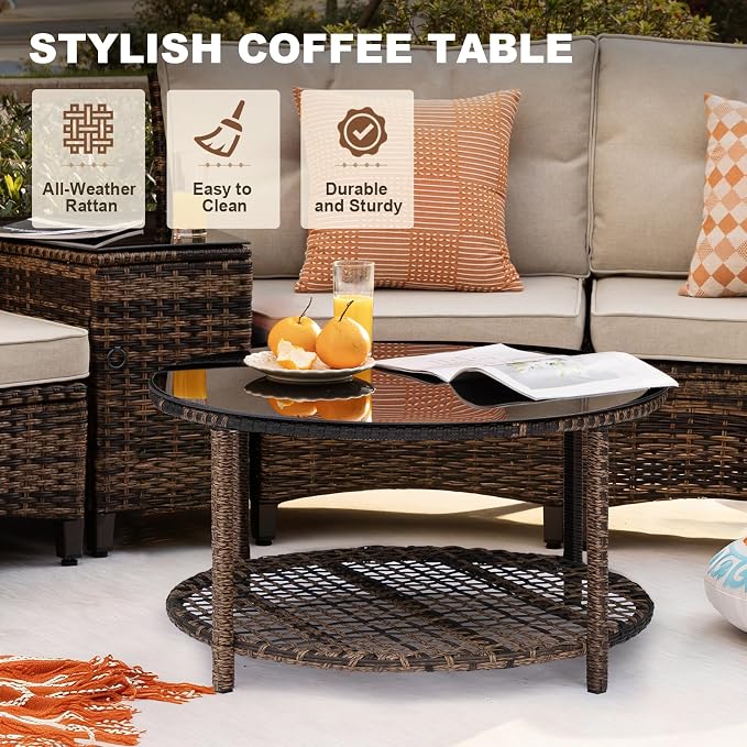 MEISSALIVVE 9-Piece Half-Moon Curved Outdoor Patio Furniture Set, Sectional Conversation Sofa with 2 Swivel Glider Chairs, Coffee & Side Tables for Backyard Deck Garden, Beige