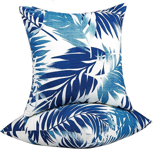 JMGBird Outdoor Pillows Waterproof 18x18 Throw Pillows with Inserts 2pcs | Blue Leaf Pattern UV Fade Resistant Patio Pillows