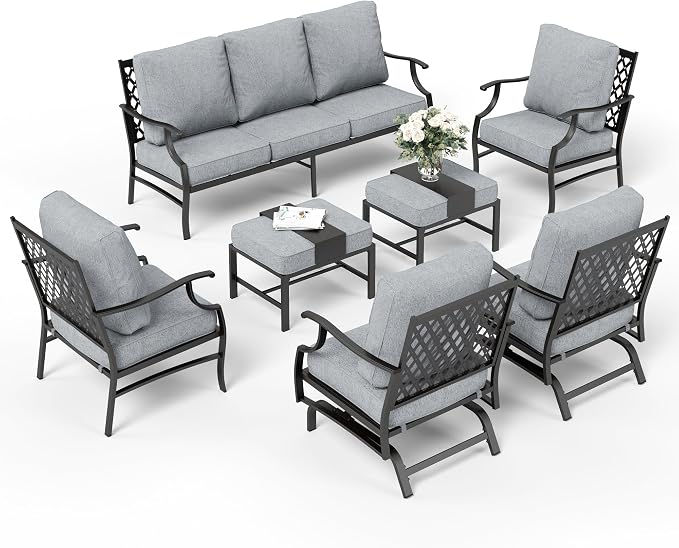 SUNSHINE VALLEY 7 Piece Metal Outdoor Patio Furniture Sets, Patio Conversation Sets 1 3-seater Sofa, 2 Fixed Chair, 2 Rocking Chair, 2 Ottomans with 5.75" Thick Cushion, Black Backyard Furniture, Gray