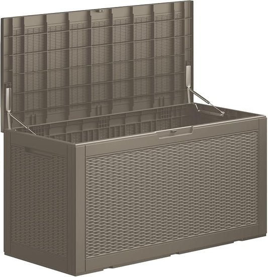 105 Gallon Waterproof Large Resin Deck Box Indoor/Outdoor Lockable Storage Container and Seating for Garden, Pool, and Patio