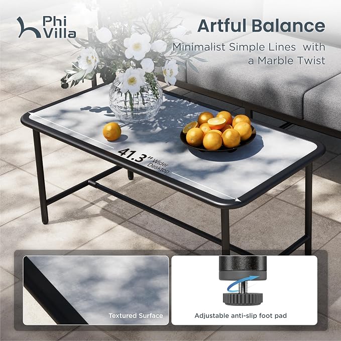 PHI VILLA Patio Furniture Set,Iron Metal Outdoor Furniture Set with Coffee Table, Thick Cushions and Fabric Covered Armrests, Deep Outdoor Sofa for Garden/Porch/Deck（Backyard ICON Collection）