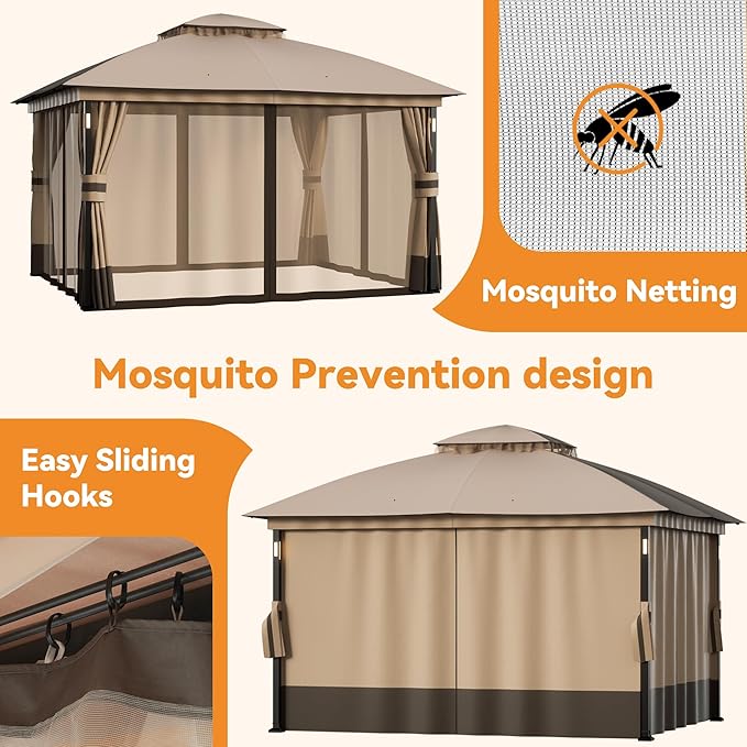 Covered Outdoor Patio Gazebo 10'x12' with LED Lights & Bluetooth Speaker, Heavy Duty Outdoor Canopy Shelter with Metal Frame, Double Roofs, Soft Top Gazebo with Netting and Curtains, Khaki