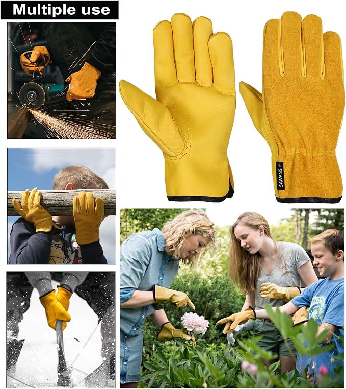 SAWANS Leather Working Gloves Work Gardening Gloves Thorn Proof Garden Heavy Duty Utility Men Women Construction