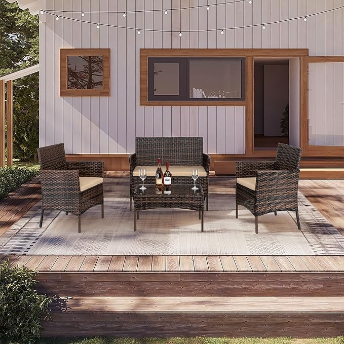 Outvita 4 Pieces Patio Furniture Set, Rattan Conversation Sets with Loveseat Soft Cushion and Glass Table for Garden Backyard Balcony Porch Poolside(Brown Gradient)