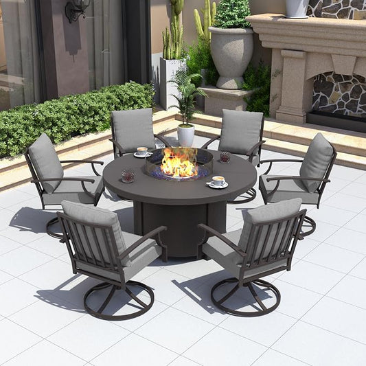 Kurapika 7 Piece Metal Moden Outdoor Patio Furniture Set with Round Fire Pit Table, Patio Conversation Sets 6 Swivel Chairs with Thick Cushion and 40000 BTU Fire Pit Table, for Yard Deck, Grey