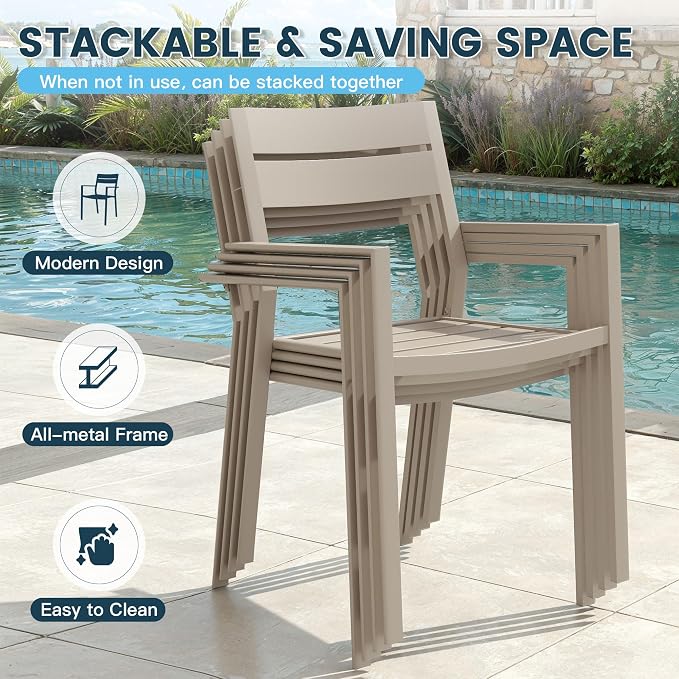 VICLLAX Patio 7 Pieces Outdoor Dining Set for 6, 63" Outdoor Rectangular Metal Dining Table with Umbrella Hole, 6 Stackable Chairs for Lawn, Garden, Porch, Sandshell