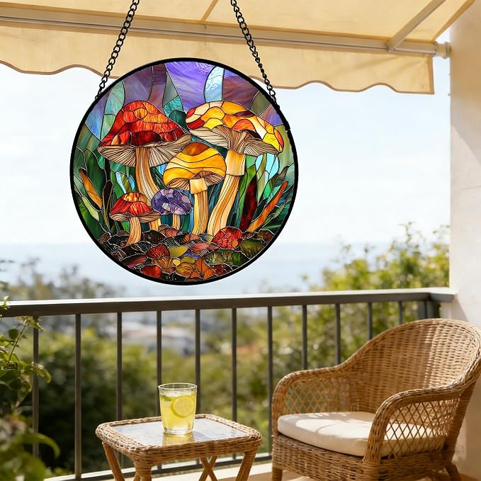 DASTOLL Stained Glass Window Hanging, Jungle Mushrooms Sun Catchers Diamond Glass Panel Hangings Plant Suncatcher Decor for Birthday for Women, Men, Wife, Aunt, and Mom 7.8 in