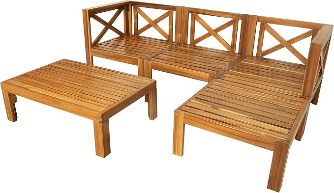 Acacia Wood 5-Piece Patio Sectional Sofa Set, All-Weather Outdoor Conversation Set, Corner Design Patio Set with Coffee Table and Updated Cushions for Backyard Porch Courtyard Poolside (Natural+Beige)