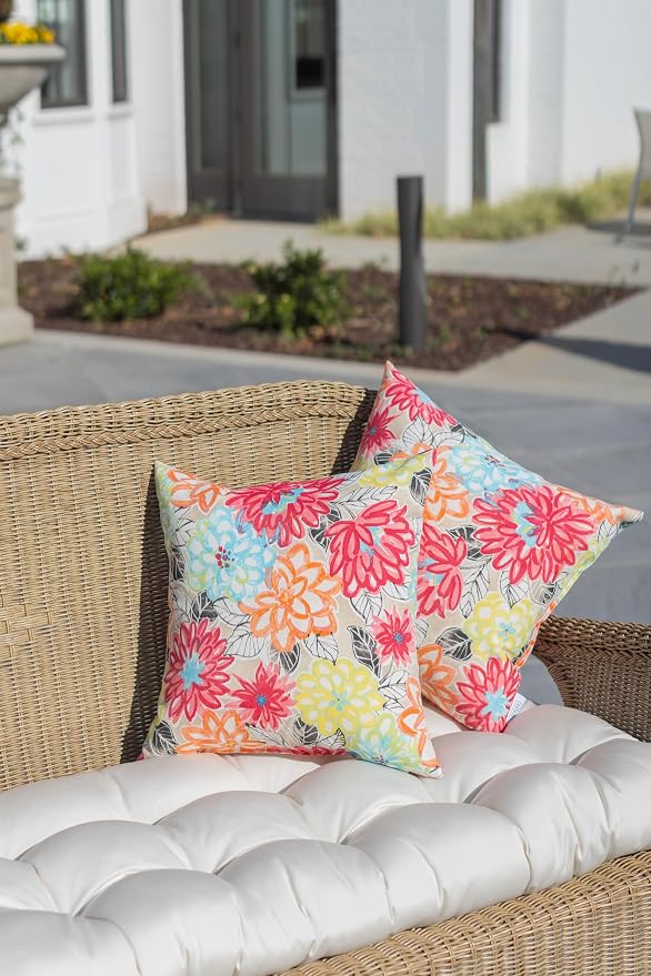 RSH DECOR: Square Throw Pillows Set of 4 | 17” x 17” | All-Weather Spun Fabric | Water and Fade-Resistant | Outdoor Accent Pillows for Patio Furniture | Bright Pink Multicolor Artistic Floral