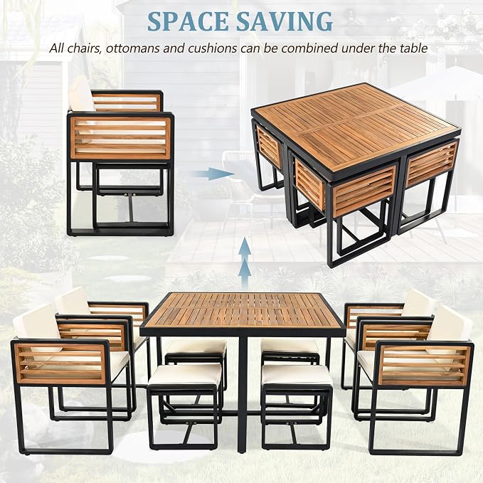 18-Piece Outdoor Patio Acacia Wood Dining Table Set, 2 Square Table with 8 Cushioned Chairs& 8 Stools, All-Weather Resistant Conversation Set with Metal Frame, Space-Saving Design for 8 (Beige-18P)