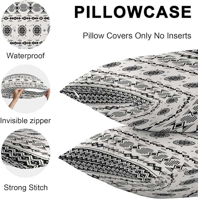 Black White Boho Outdoor Pillow Covers 24x24 Inch Throw Pillow Covers Set of 2 Waterproof Decorative Pillow Cases Vintage Abstract Art Ethnic Tribe Cushion Covers for Patio Furniture Garden Couch Sofa