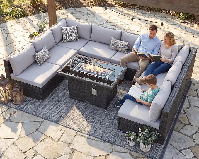 RADIATA 9 Piece Wicker Patio Furniture Set with Fire Pit, All-Weather Outdoor Sectional Couch High Back Large Size, Modular Backyard Seating Sofa Set with Propane/Natural Gas Firepit Table, Light Grey