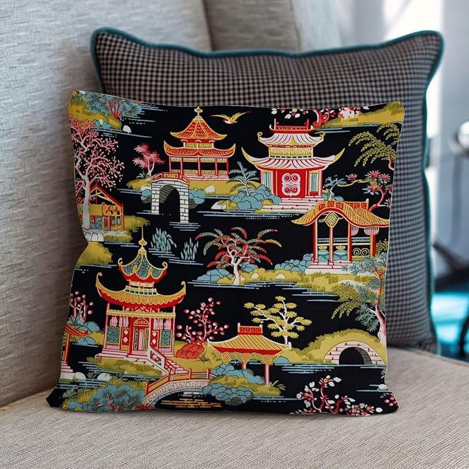 Throw Pillow Covers Chinoiserie Charcoal Coral Pagoda Asian Pillow Covers Modern Chinoiserie Chic Asian Pillow Cover Accent Decorative Cushion Covers Home Decor for Bed Chair Car 22x22 in