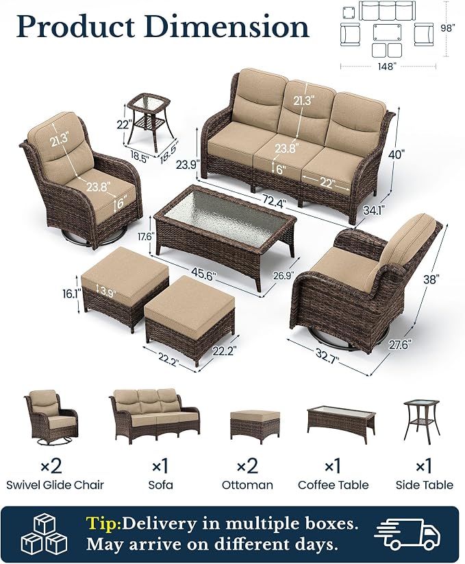 HILLGA 7-Piece Luxury Patio Furniture Set with 6" Thick Cushions, Weather-Resistant Wicker High Back Swivel Rocker Chairs, Senior-Friendly Outdoor Sofa Set for Large Deck, Yard and Poolside, Beige(V2)