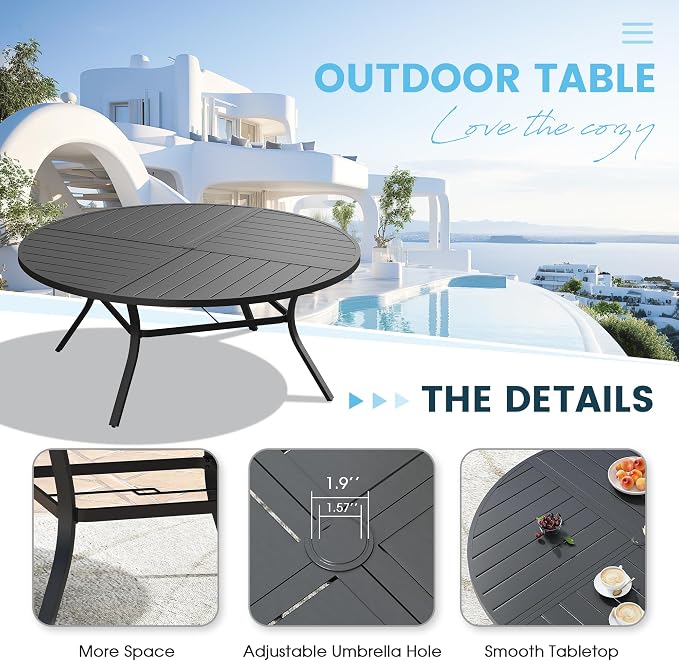 9 Pieces Patio Furniture Dining Set, 8 Textilene Swivel Dining Chairs, 60" Outdoor Round Metal Table with 1.57" Umbrella Hole, Outdoor Dining Set for Porch, Lawn, Garden, Black/Black