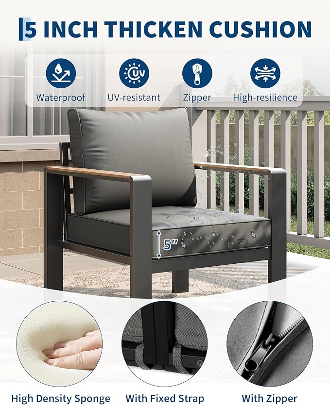 Garvee Aluminum Patio Furniture Set 4 Seats, Generous Outdoor Sectional with Washable Thick Cushions and Coffee Table, Patio Conversation Sets for Porch, Balcony, Deck, Yard