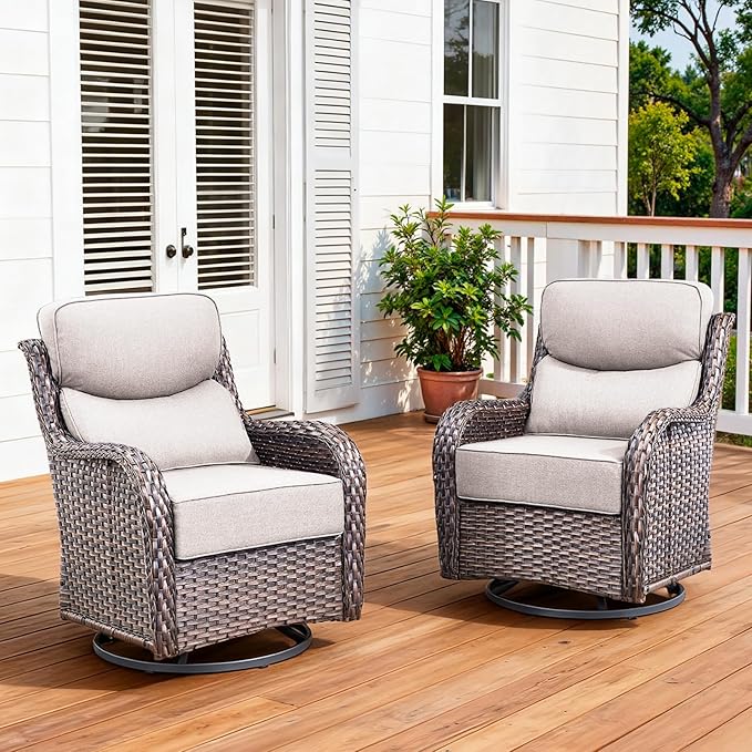 Luxury Outdoor Swivel Rocker Patio Chairs Set of 2 with 6-Inch Thick Cushions, High Back Swivel Patio Chairs Wicker Outdoor Gliders for Porch, Yard, Deck, Poolside, Brown/Beige