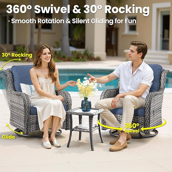 ovios 9-Piece Patio Furniture Set with Swivel Chairs Side Table, Outdoor Wicker Sofa with Comfy Cushions, High Back Couch Modern Conversation Sets, Grey/Denim Blue