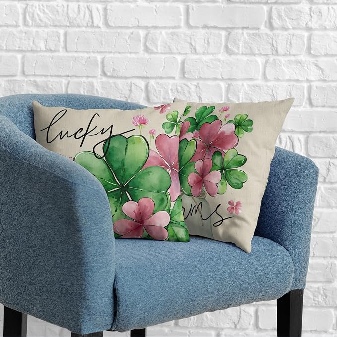 Green Pink Shamrock Pillow Covers 20x20 Set of 2 St Patricks Day Square Cotton Linen Pillow Cases Lucky Charms March Cushion Cases for Couch Sofa Home Indoor Outdoor Decor