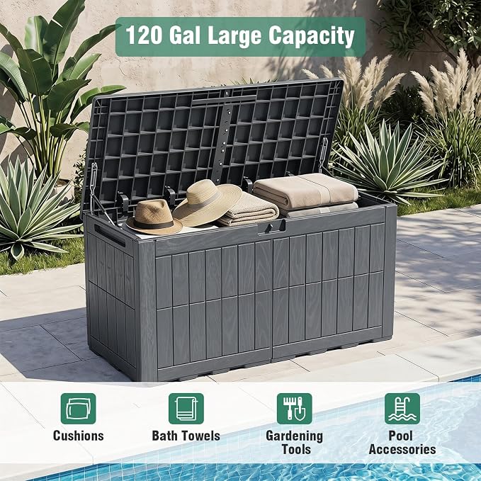Tangkula 120 Gallon Outdoor Storage Box, Waterproof PP Resin Patio Storage Box with Lockable Lid for Indoor & Outdoor Use, 2-in-1 Rattan Design Deck Box for Cushions, Garden Tools