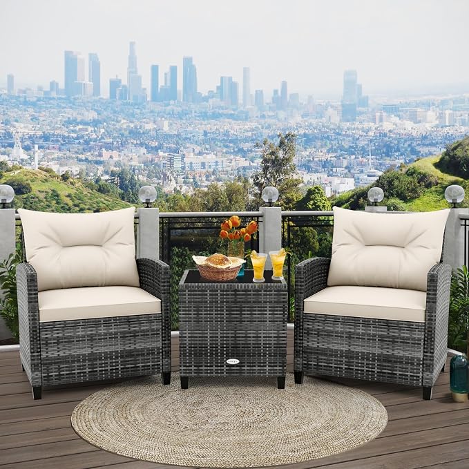 HAPPYGRILL 3 Pieces Patio Conversation Set PE Rattan Outdoor Furniture Sofa Set with Removable Cushion, PE Wicker Chairs with Tempered Glass Side Table for Porch Lawn Garden Balcony Backyard