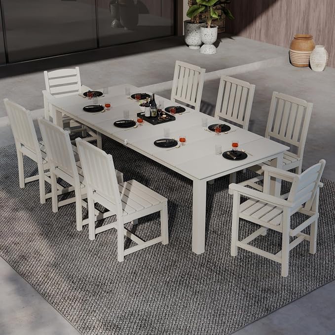 Kingdura 9 Piece Patio Dining Set for 8, HDPE Outdoor Table & Chairs with Umbrella Hole, All-Weather Outdoor Furniture Patio Conversation Set for Lawn Pool Backyard, White