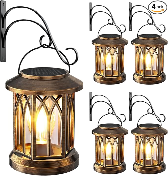 Solar Lantern Outdoor Lights with Wall Mount Kit, 4 Pack Upgraded Solar Lanterns Outdoor Waterproof, Hanging Solar Lights for Outside Decorative Yard Patio Path Porch Garden(Antique Copper)