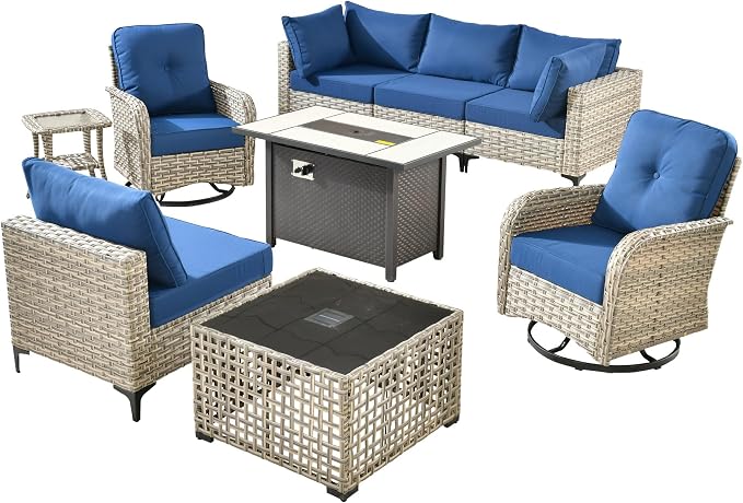 Outdoor Patio Furniture Sets,9 PCS Patio Conversation Set Outside Rattan Sectional Sofa with 42 in Fire Pit Table Wicker Rocking Chair Coffee Table Fit Backyard Porch Garden Poolside Balcony
