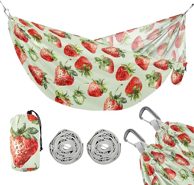 Camping Hammock Outdoor Hammocks for Outside Strawberries Light Green Beach Trees Portable Lightweight with Pockets Tree Straps Indoor Small