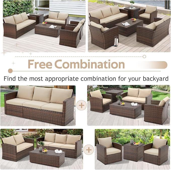 Outdoor Patio Furniture 7 Piece Set with Two Storage Boxes, All-Weather PE Rattan Sectional Sofa Conversation Set with Cover for Backyard Garden Deck