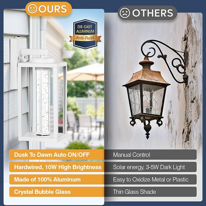 VIANIS White Porch Lights Outdoor, Large Exterior Sconce Lighting for House with Integrated 10W LED Light Source, 100% Aluminum Exterior Light Fixture Wall Mount for Garage with Crystal Bubble Glass