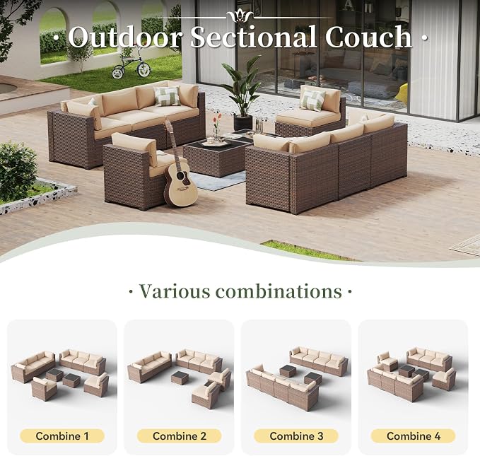 Aoxun 10 Piece Patio Furniture Set Wicker Rattan Patio Conversation Set Outdoor Sectional Sofa Set with Coffee Table and 4” Thickened Cushions, Beige
