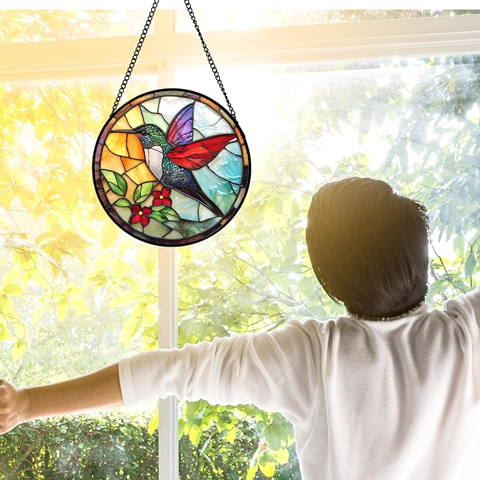 DASTOLL Stained Glass Window Hanging, Hummingbird Gifts Sun Catchers Diamond Glass Panel Hangings Birds Suncatcher Decor for Birthday for Women, Men, Wife, Aunt, and Mom 6.3 in