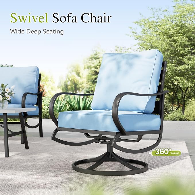 Sophia & William Patio Furniture Sets for 5 Outdoor Metal Conversation Sets 5 Pcs with 2 x Cushioned Swivel Sofa Chairs, 2 x Ottomans as Coffee Table, 1 x 3-Seat Sofa, Lawn Backyard Poolside Blue