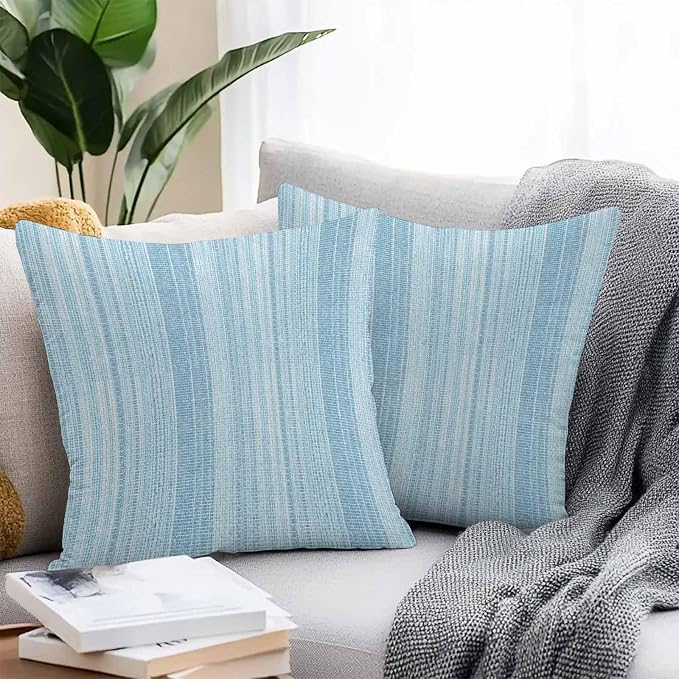 Abstract Blue Outdoor Pillow Covers 16"x16" Set of 2, Rustic Farmhouse Minimalist Blue Vertical Striped Lines Waterproof Throw Pillow Covers for Patio Furniture, Decorative Cushion Covers for Porch
