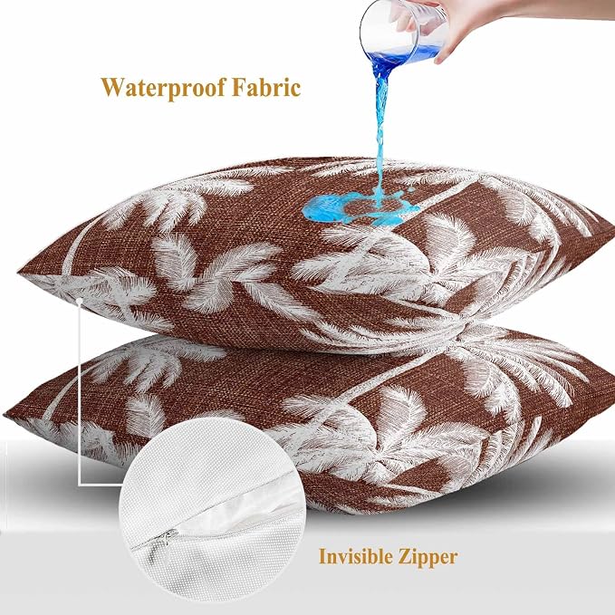Outdoor Pillow Covers 24x24 Inch Set of 2, Brown Palm Trees Waterproof Throw Pillow Covers, Farmhouse Tropical Summer Beach Decorative Cushion Pillowcases for Couch, Sofa, Bed, Garden, Patio