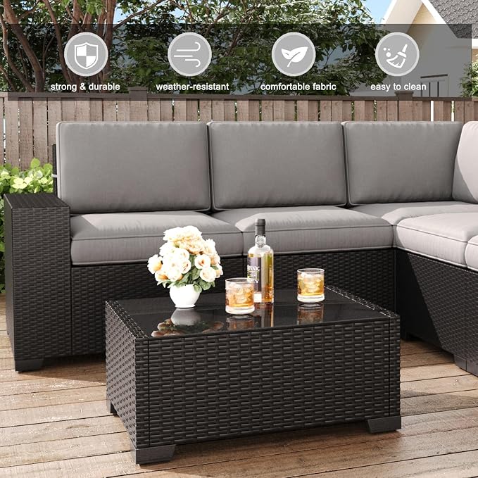 LayinSun 7 Pieces Patio Furniture Set with Fire Pit Table, Black Rattan Modular Sectional Patio Conversation Sofa Set