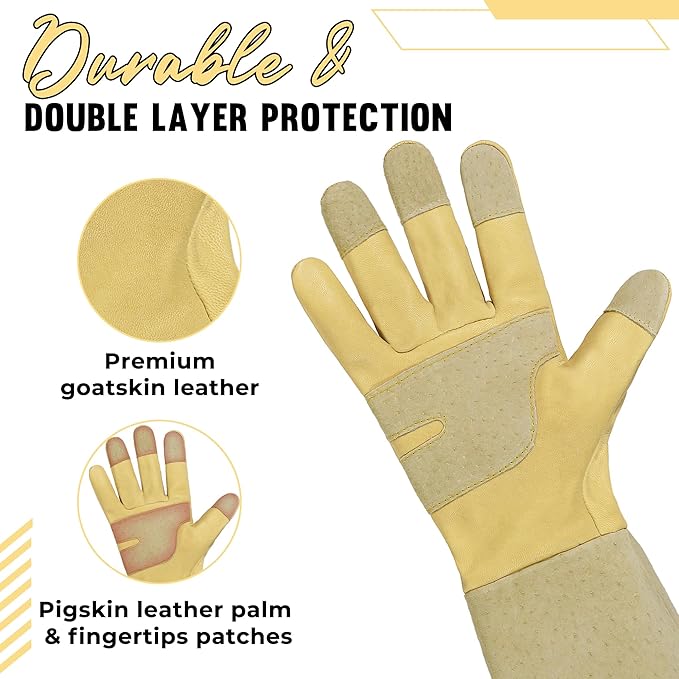 HANDLANDY Rose Pruning Gardening Gloves for Men Women, Thorn Proof Forearm Protection Leather Garden Gloves, Gardening Gifts for Gardeners (Vanilla, Medium)