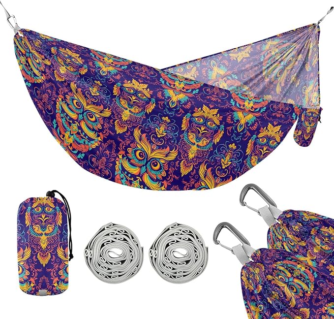 Camping Hammock Outdoor Hammocks for Outside Decorative Owl Design Beach Trees Portable Lightweight with Pockets Tree Straps Indoor
