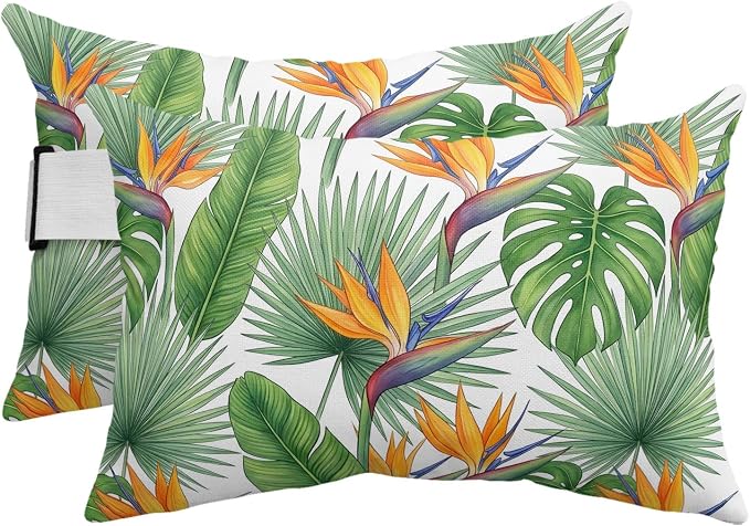 Outdoor Chair Pillow Headrest for Patio Pool Chaise Lounge, Summer Tropical Plants Recliner Head Pillow, Watercolor Palm Leaves Green Waterproof Pillowcases Neck Lumbar Pillows & Insert 11x16x2pcs