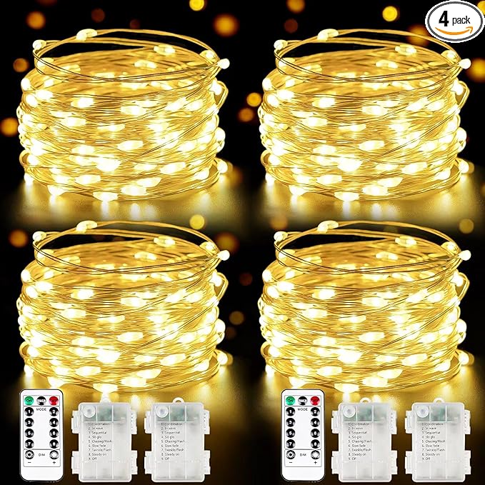 4 Pack Fairy Lights Battery Operated with Remote 33FT 100 LED Warm White | Remote Control, 8 Modes, Timer, Adjustable brightness, Waterproof Lights for Indoor Outdoor Classroom Christmas Decor