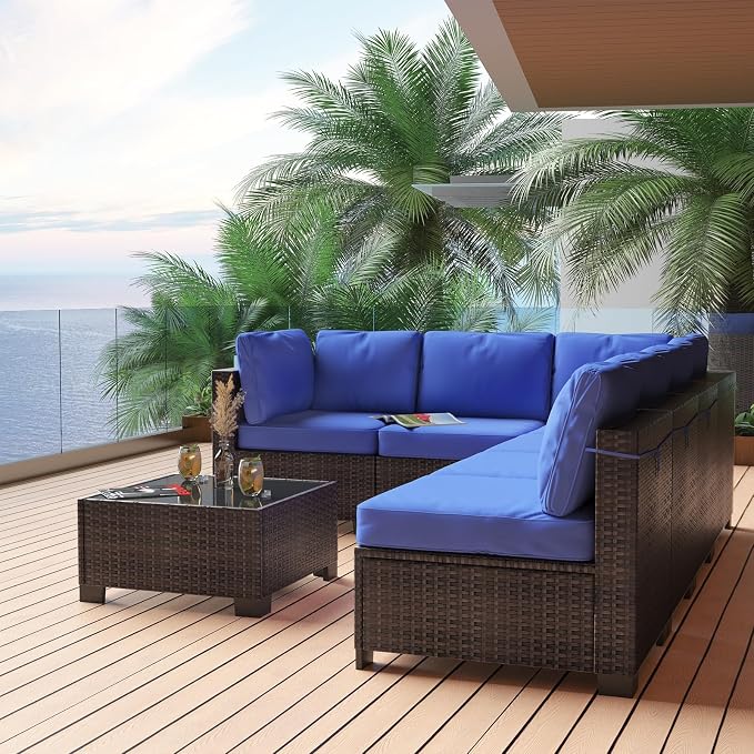 GarveeHome 7 Piece Patio Furniture Set, PE Rattan Wicker Sectional Sofa Set with Cushions & Glass Top Coffee Table, Outdoor Conversation Furniture for Garden, Balcony, Porch, Backyard