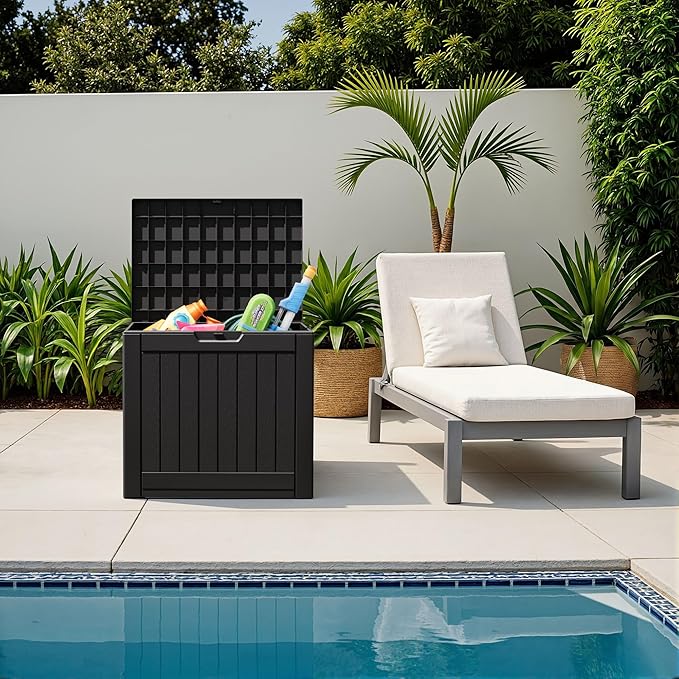 Flamaker Resin Deck Box 40 Gallon Waterproof Outdoor Indoor Storage Box Imitation Wood Resin for Patio Furniture Garden Tools and Pool (Black)