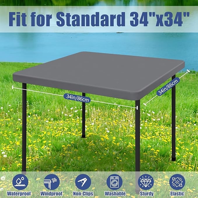 Moosfor Spandex Picnic Table Cloth 2 Pack, Elastic Fitted Tablecloths for Square Tables, Stretch Washable Patio Table Cover for Outdoor, Camping, Banquet and Parties (Grey, 34"x34")
