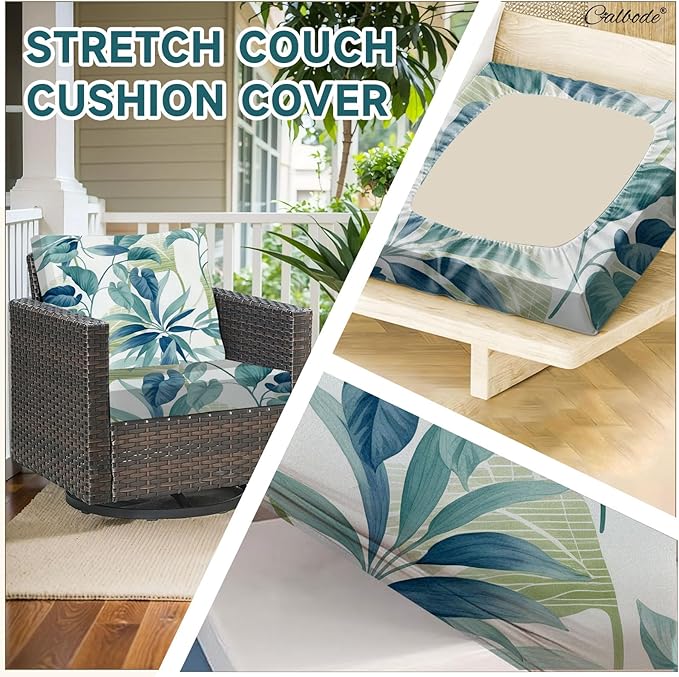 CALBODE 14 Pcs Stretch Outdoor Seat Cushion Covers, Botanical Chair Seat Cover for Patio Furniture Cushions Washable Reusable Indoor and Outdoor Couch Cover Replacement (Blue Leaves, Cover Only)