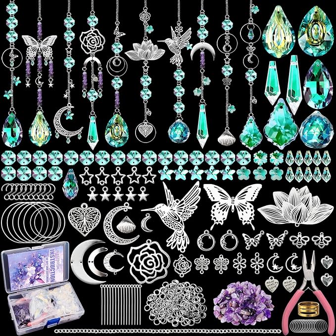 420pcs Suncatcher Kit, Crystal Prisms, DIY Garden/Window Hanging | 10 Set Crystal Suncatcher Kit, DIY Crystal Hanging Prisms for Window, Hummingbird Decor, Craft Gift for Adults with Tutorial